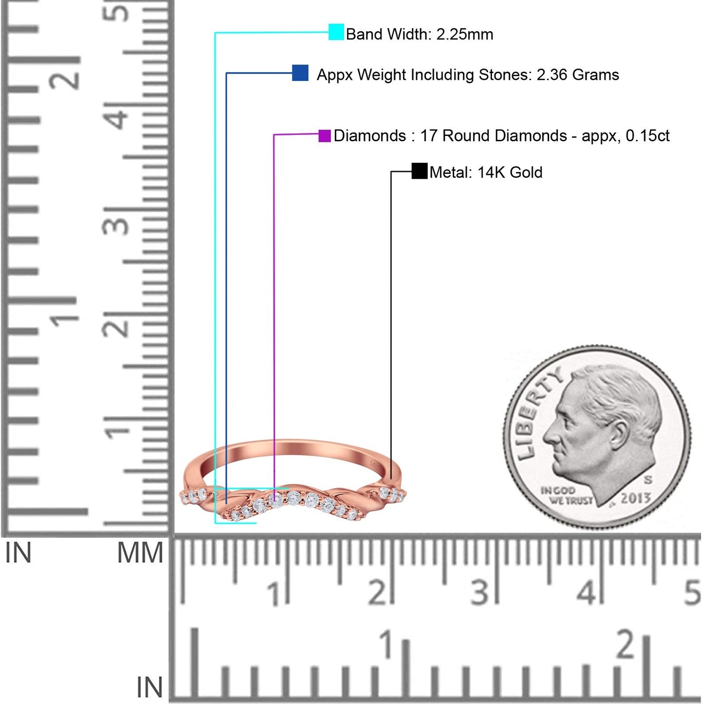 14K Rose Gold 0.15ct Round 2.2mm G SI Diamond Stackable Curved Accent Eternity Band Engagement Wedding Ring Size 6.5