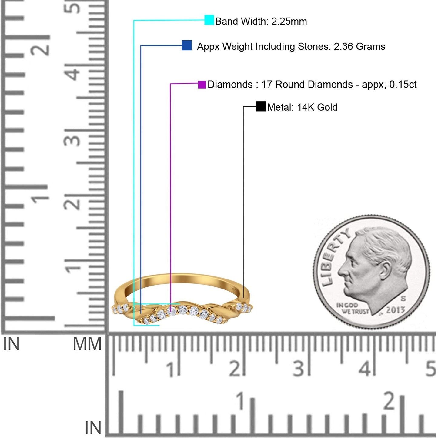 14K Yellow Gold 0.15ct Round 2.2mm G SI Diamond Stackable Curved Accent Eternity Band Engagement Wedding Ring Size 6.5