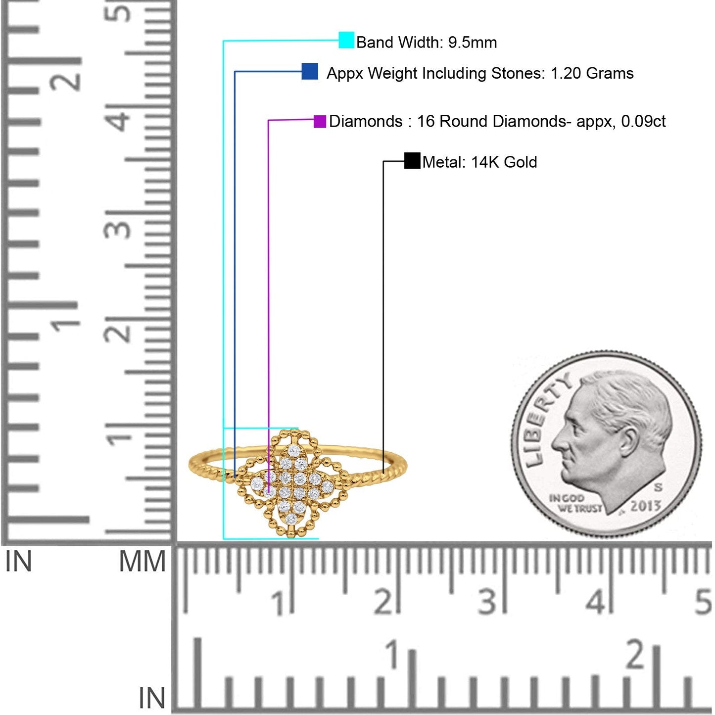 14K Yellow Gold 0.09ct Round 9.5mm G SI Diamond Quatrefoil Flower Engagement Wedding Ring Size 6.5