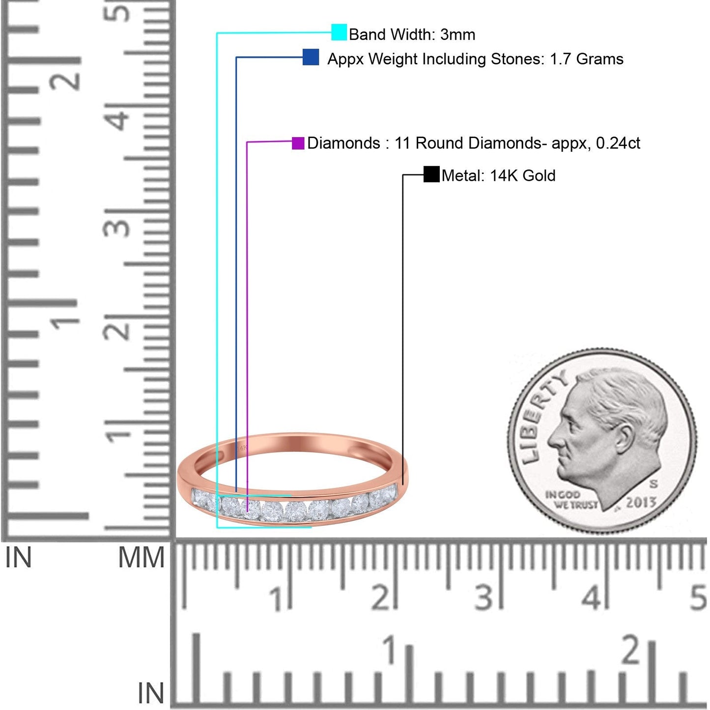 14K Rose Gold 0.24ct Round 3mm G SI Diamond Channel Set Half Eternity Engagement Wedding Ring Size 6.5