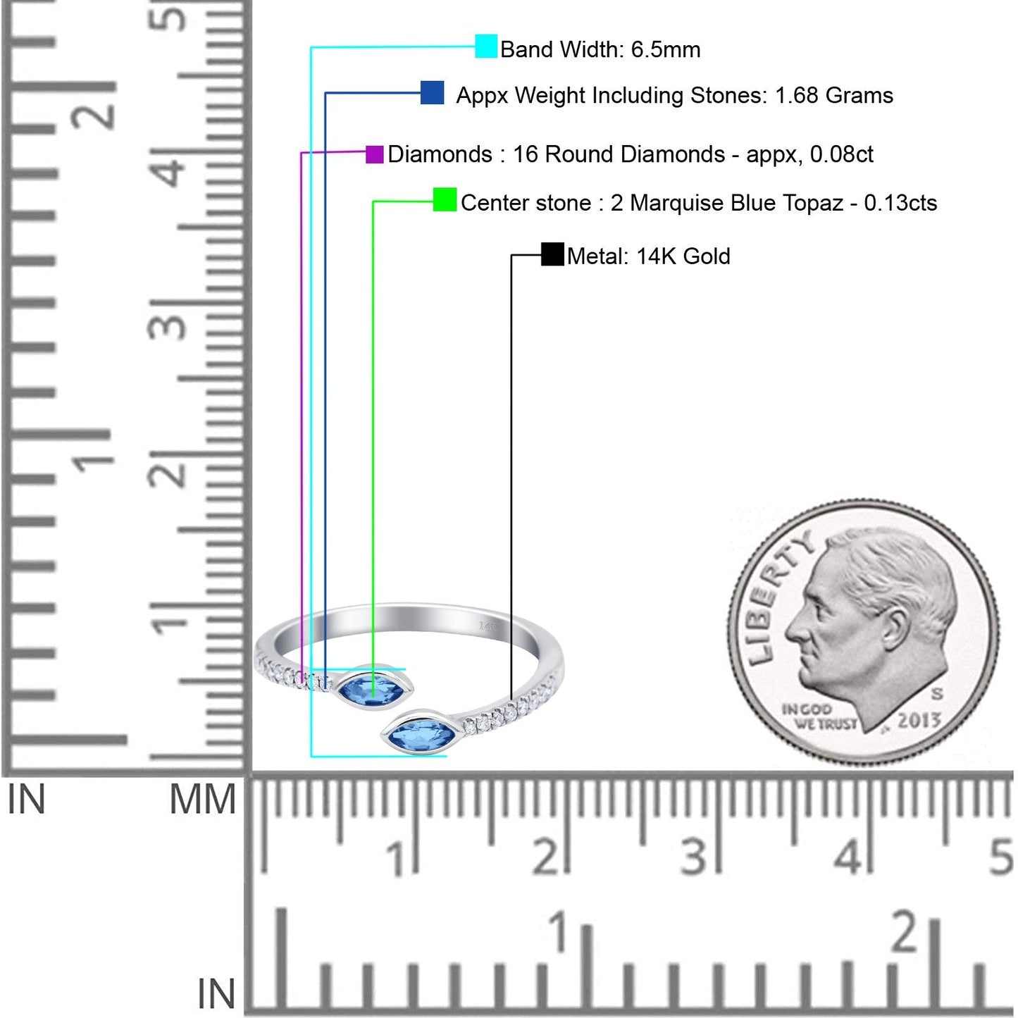 14K White Gold 0.21ct 2 Marquise Blue Topaz 6.5mm G SI Diamond Engagement Wedding Ring Size 6.5