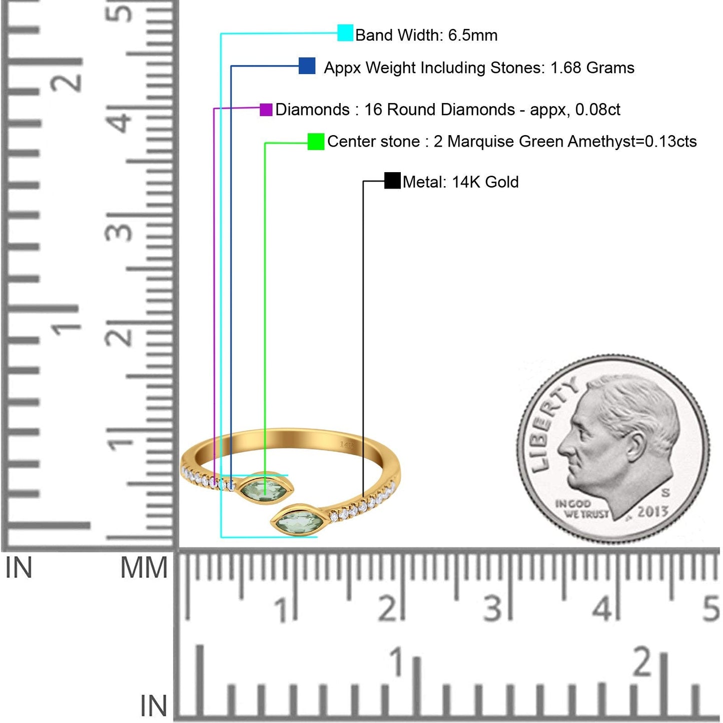 14K Yellow Gold 0.21ct 2 Marquise Green Amethyst 6.5mm G SI Diamond Engagement Wedding Ring Size 6.5