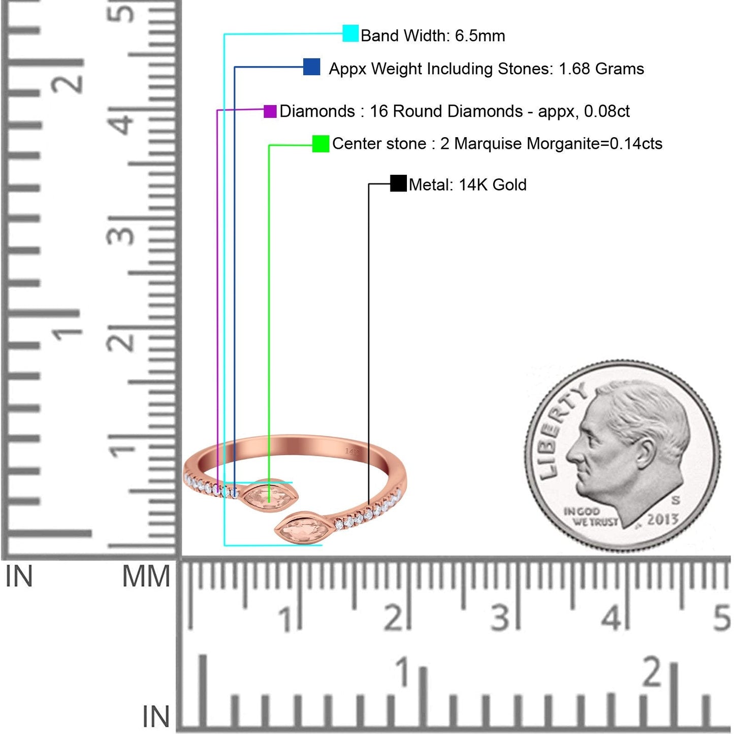 14K Rose Gold 0.21ct 2 Marquise Morganite 6.5mm G SI Diamond Engagement Wedding Ring Size 6.5