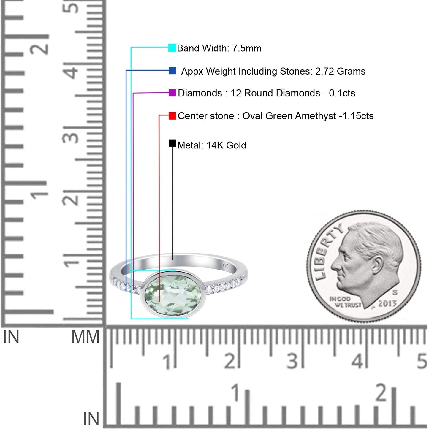 14K White Gold 1.25ct Oval Green Amethyst 7.5mm G SI Diamond Engagement Wedding Ring Size 6.5