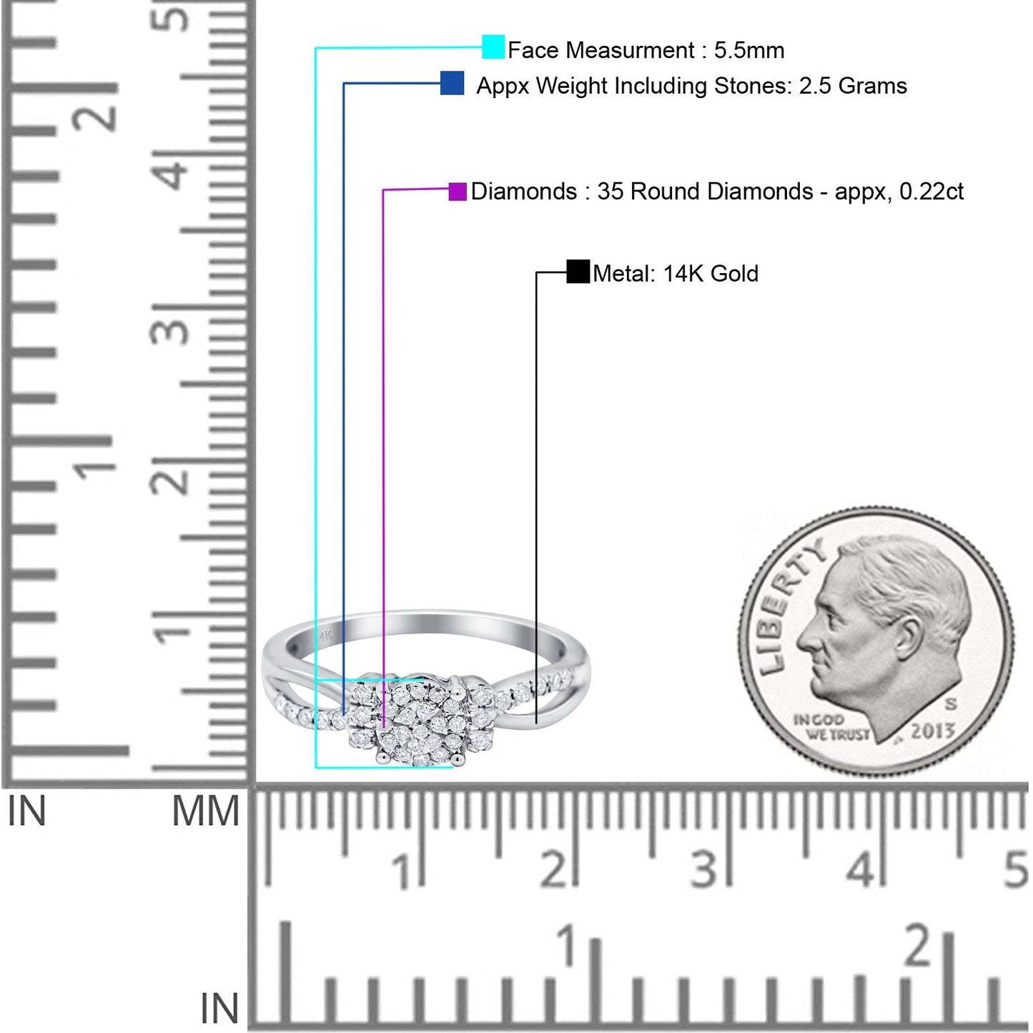 14K White Gold 0.22ct Round 5.5mm G SI Diamond Solitaire Engagement Wedding Ring Size 6.5