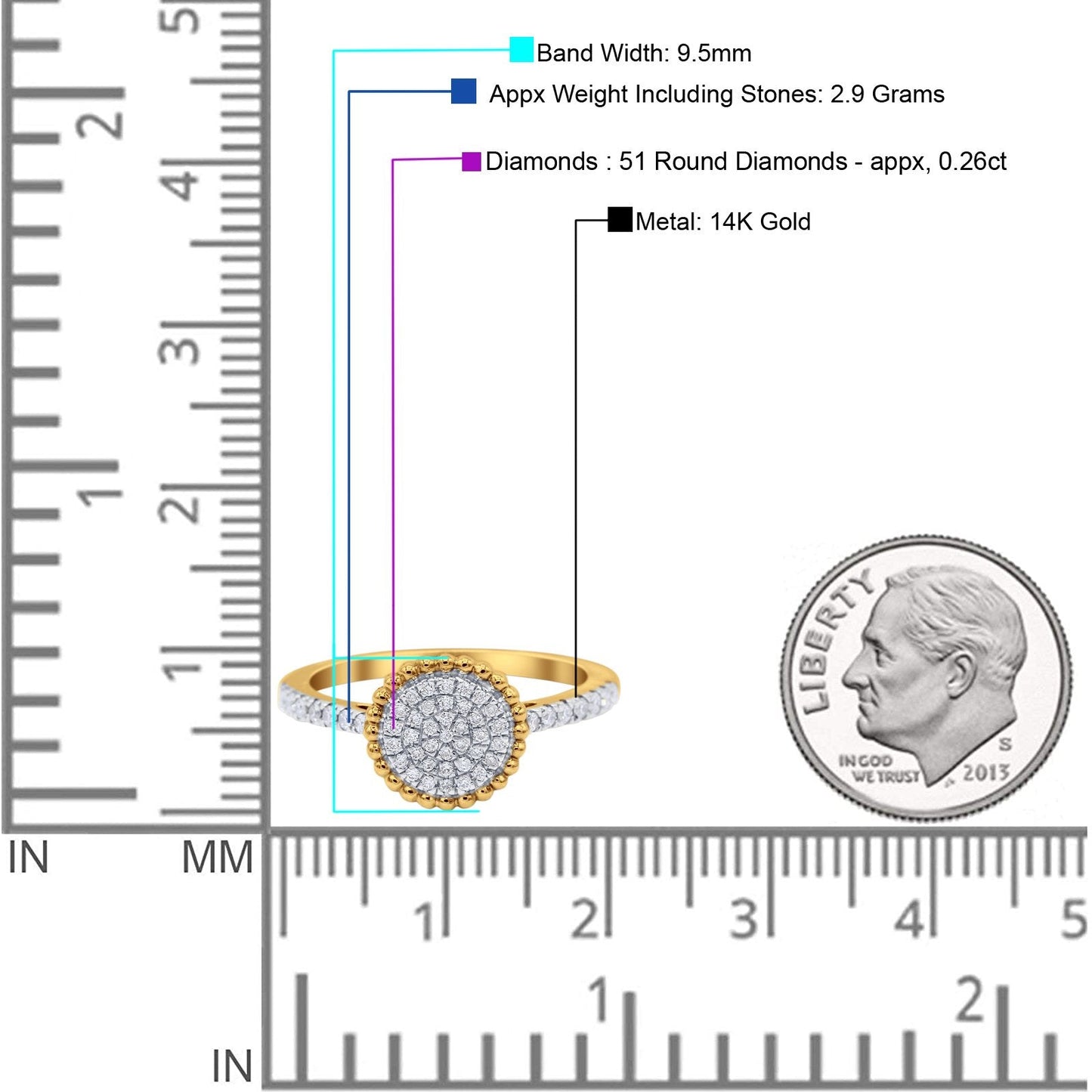 14K Yellow Gold 0.26ct Round 9.5mm G SI Diamond Engagement Wedding Ring Size 6.5