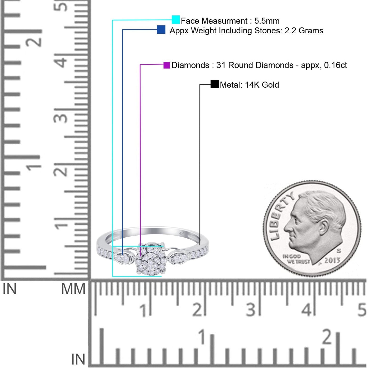 Anillo de compromiso de oro blanco de 14 quilates con diamantes G SI redondos de 0,16 ct y 5,5 mm, tamaño 6,5