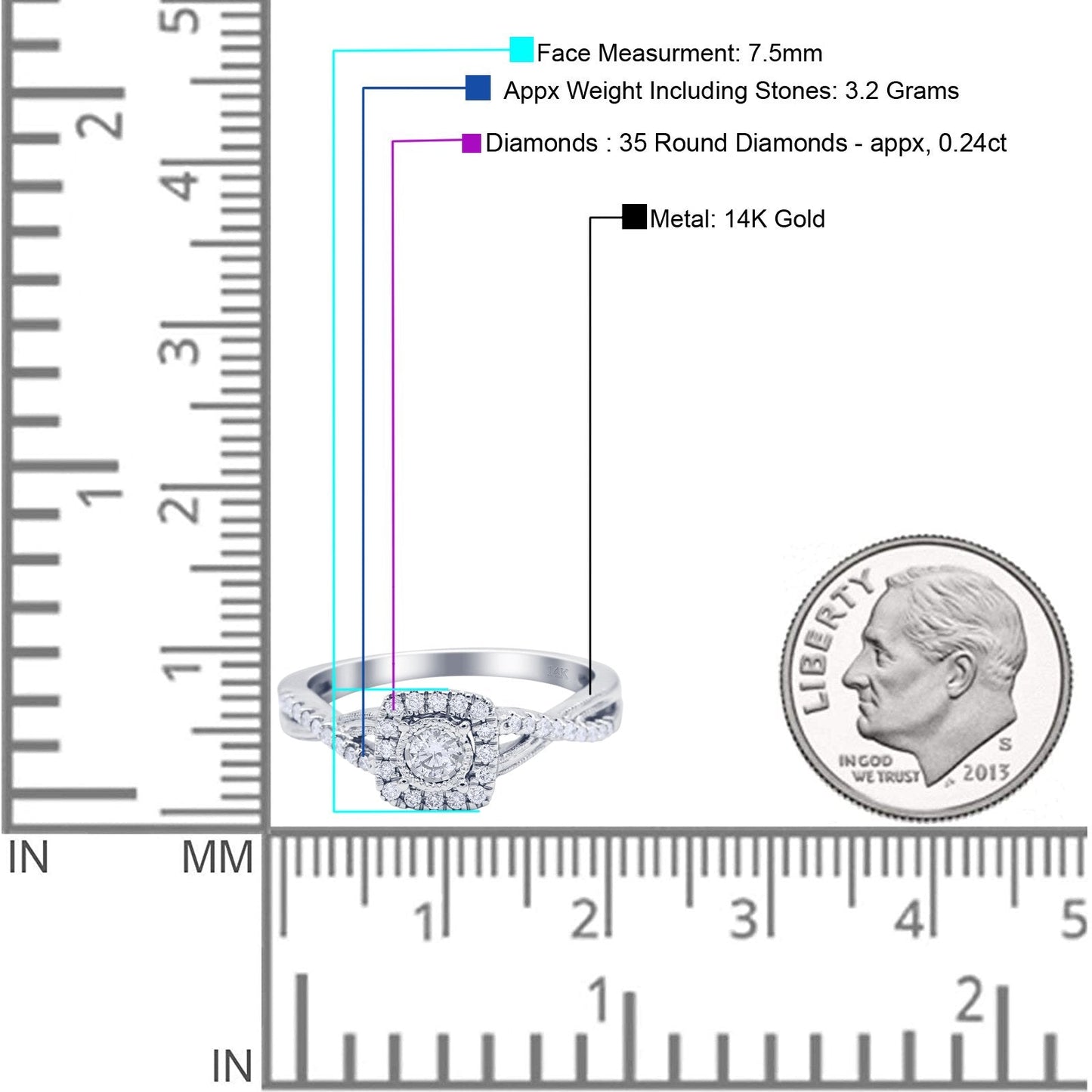 14K White Gold 0.24ct Square Shaped Twisted Prong 7.5mm G SI Diamond Engagement Wedding Ring Size 6.5