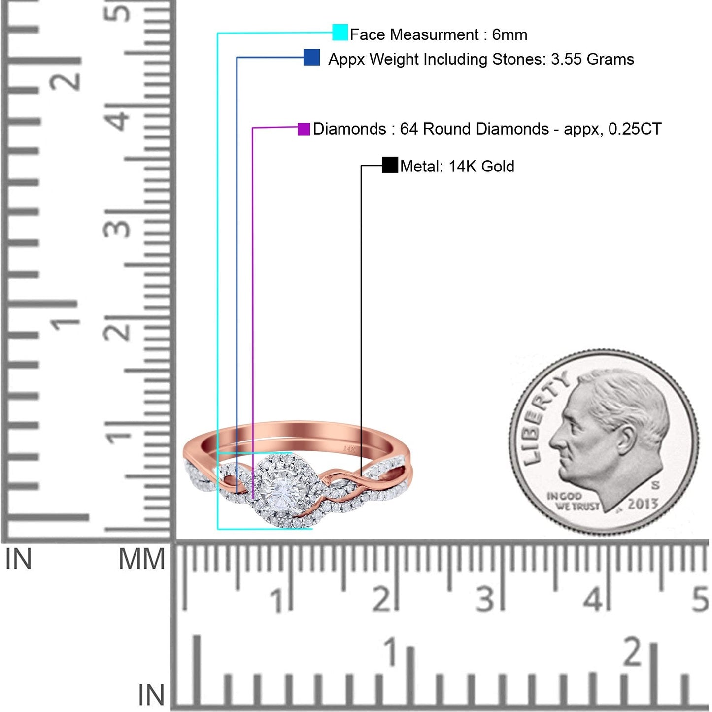 14K Rose Gold 0.25ct Round 6mm G SI Diamond Engagement Solitaire Bridal Set Wedding Ring Size 6.5