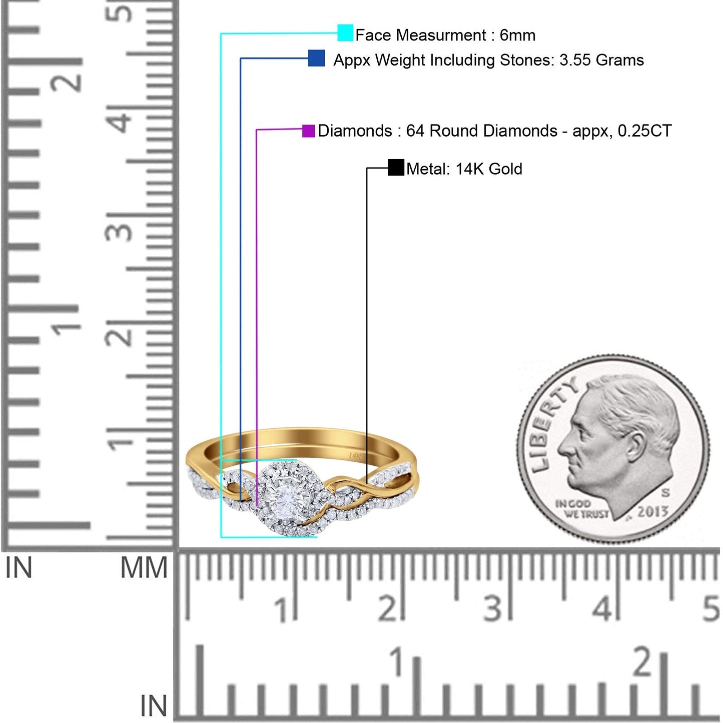 14K Yellow Gold 0.25ct Round 6mm G SI Diamond Engagement Solitaire Bridal Set Wedding Ring Size 6.5