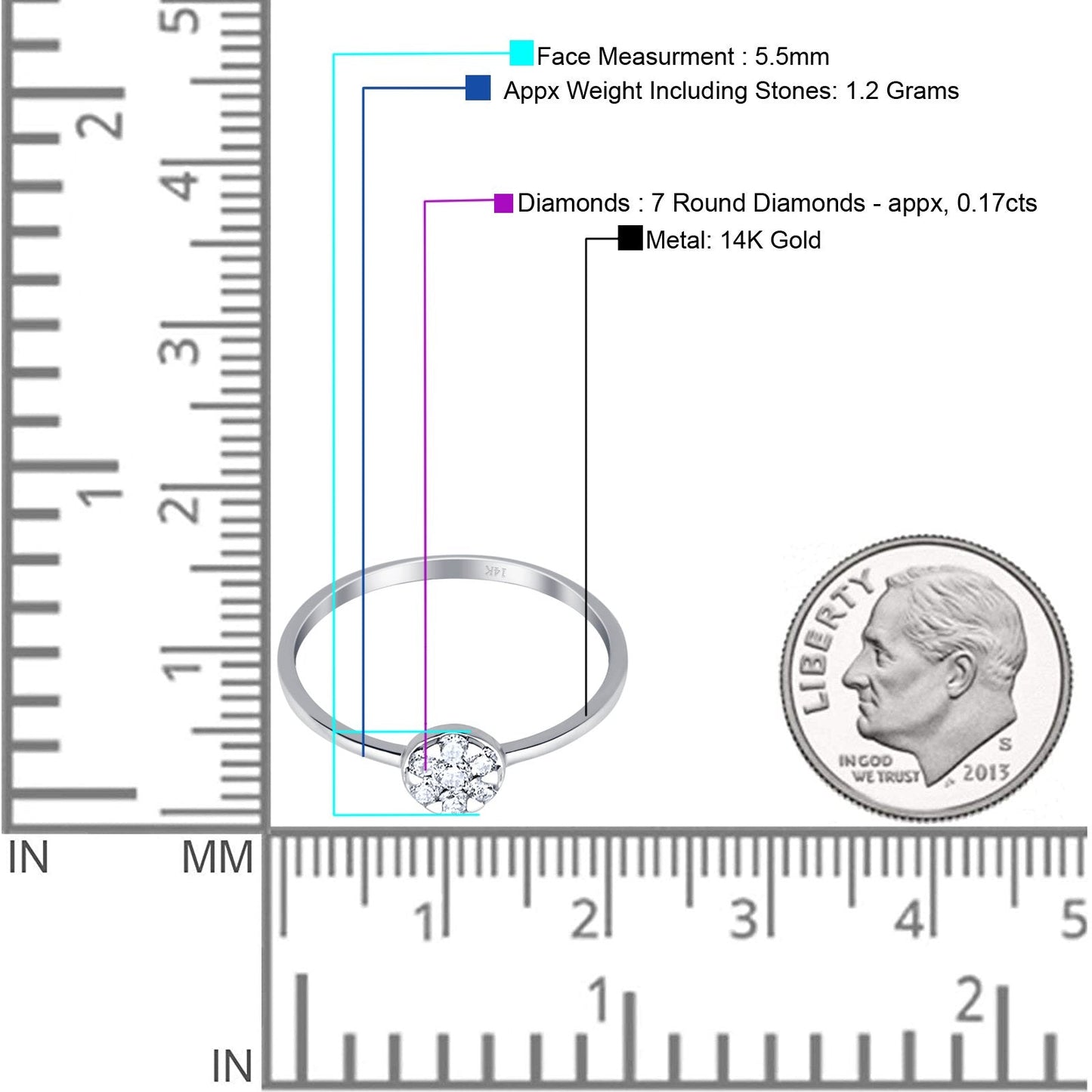 Anillo de compromiso solitario con diamante G SI de 0,17 ct y 5,5 mm de oro blanco de 14 quilates, talla 6,5