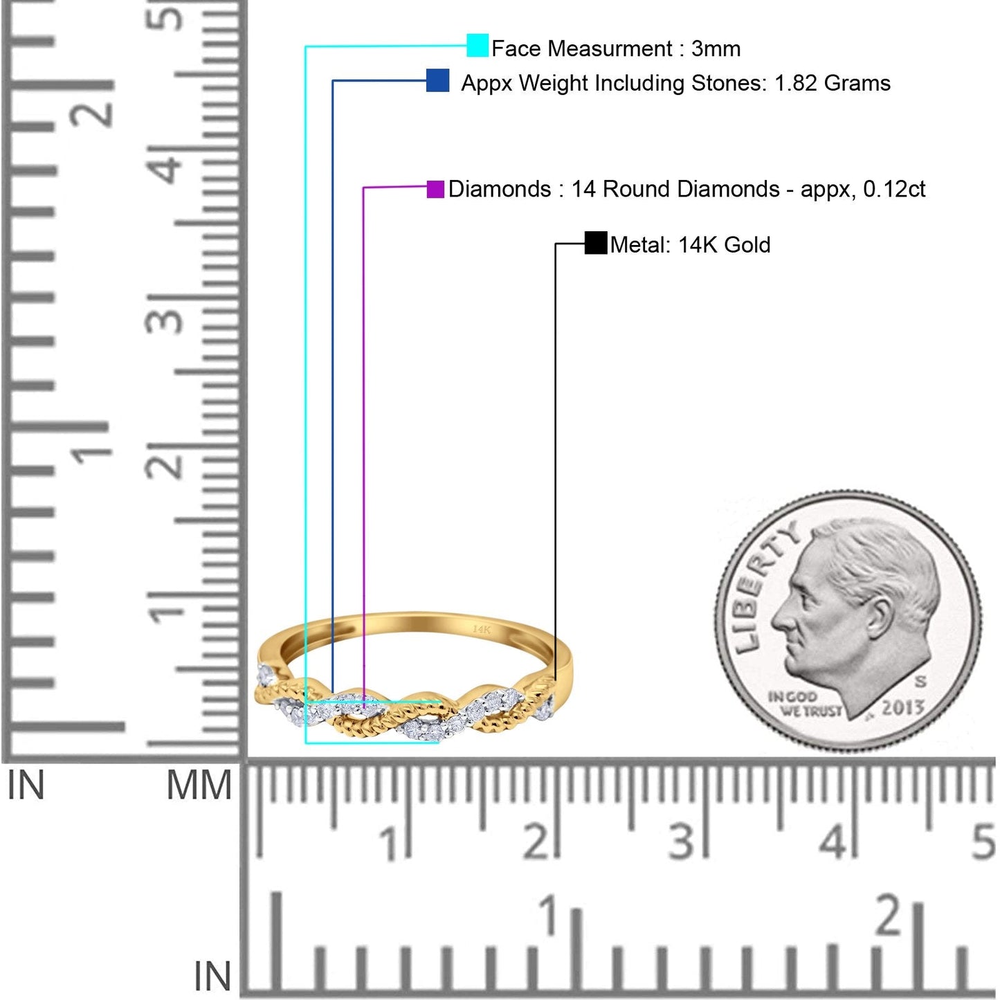 14K Yellow Gold 0.12ct Round 3mm G SI Diamond Half Eternity Engagement Wedding Anniversary Band Ring Size 6.5