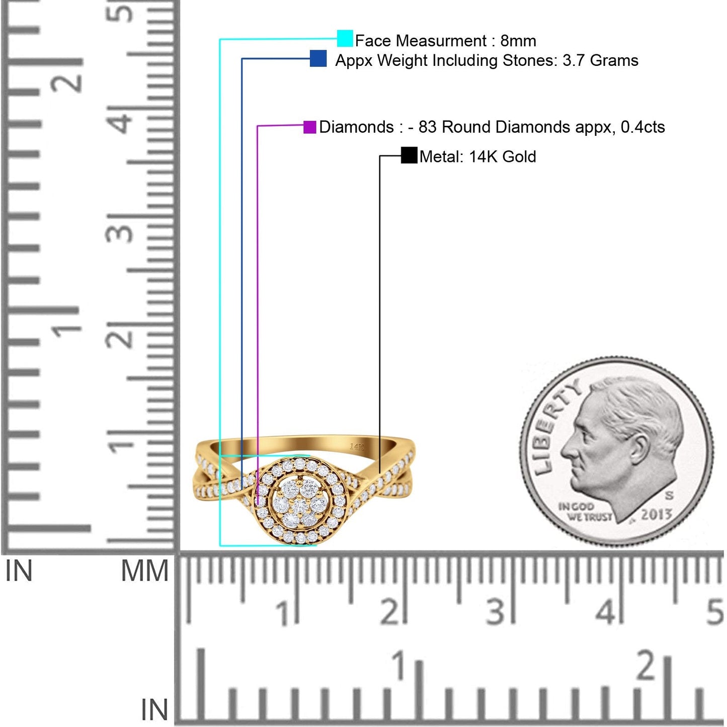 14K Yellow Gold 0.4ct Round 8mm G SI Diamond Twisted Band Engagement Wedding Ring Size 6.5