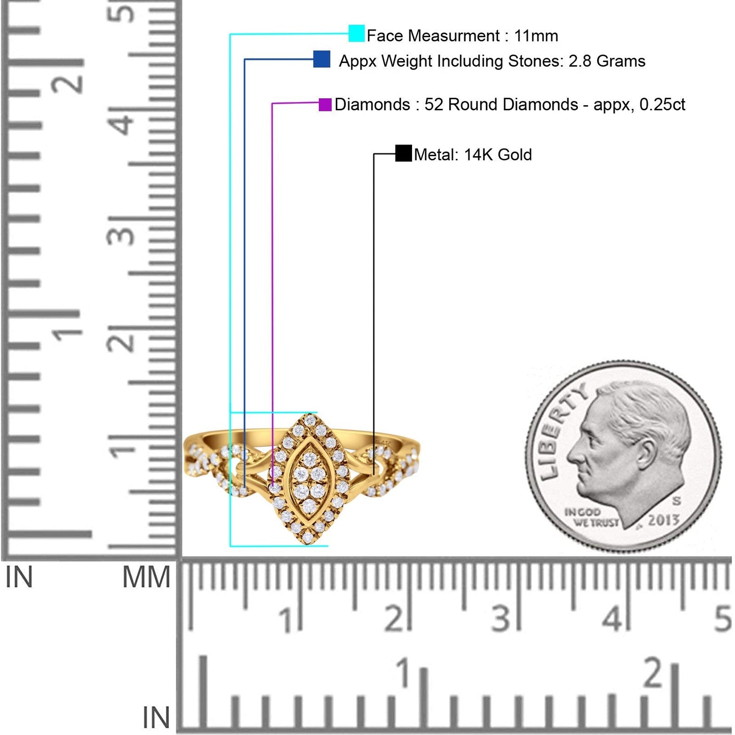 14K Yellow Gold 0.25ct Marquise 11mm G SI Diamond Engagement Wedding Ring Size 6.5