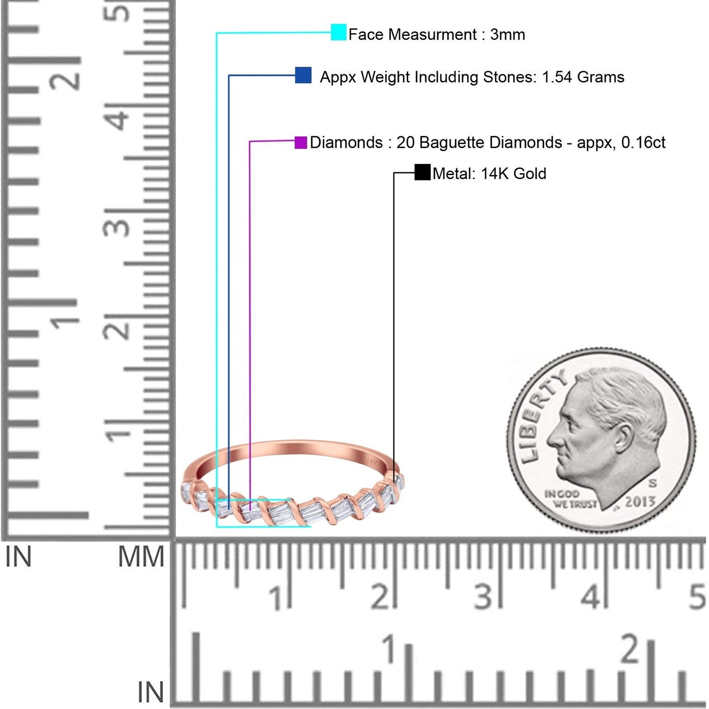 14K Rose Gold 0.16ct Round 3mm G SI Diamond Half Eternity Engagement Wedding Anniversary Stackable Band Ring Size 6.5