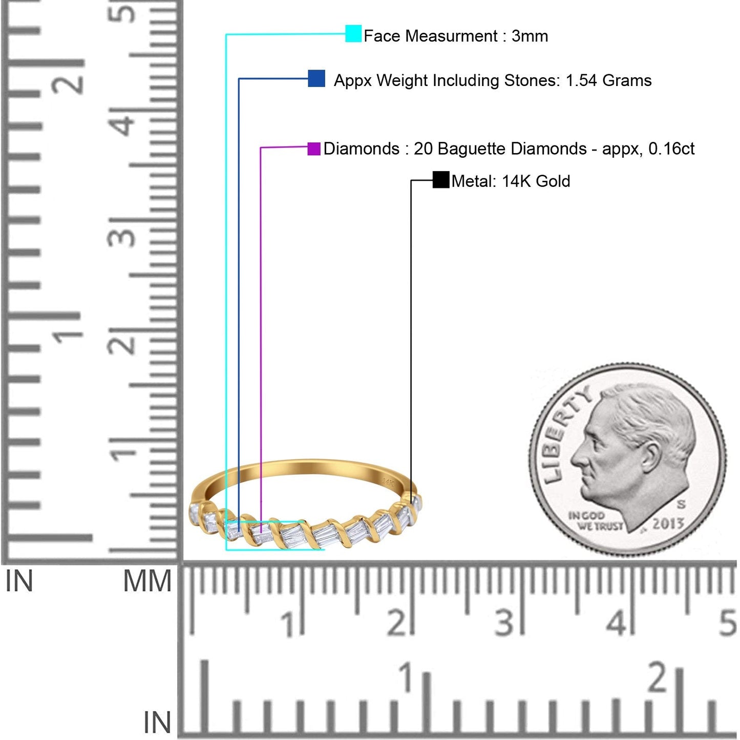 14K Yellow Gold 0.16ct Round 3mm G SI Diamond Half Eternity Engagement Wedding Anniversary Stackable Band Ring Size 6.5