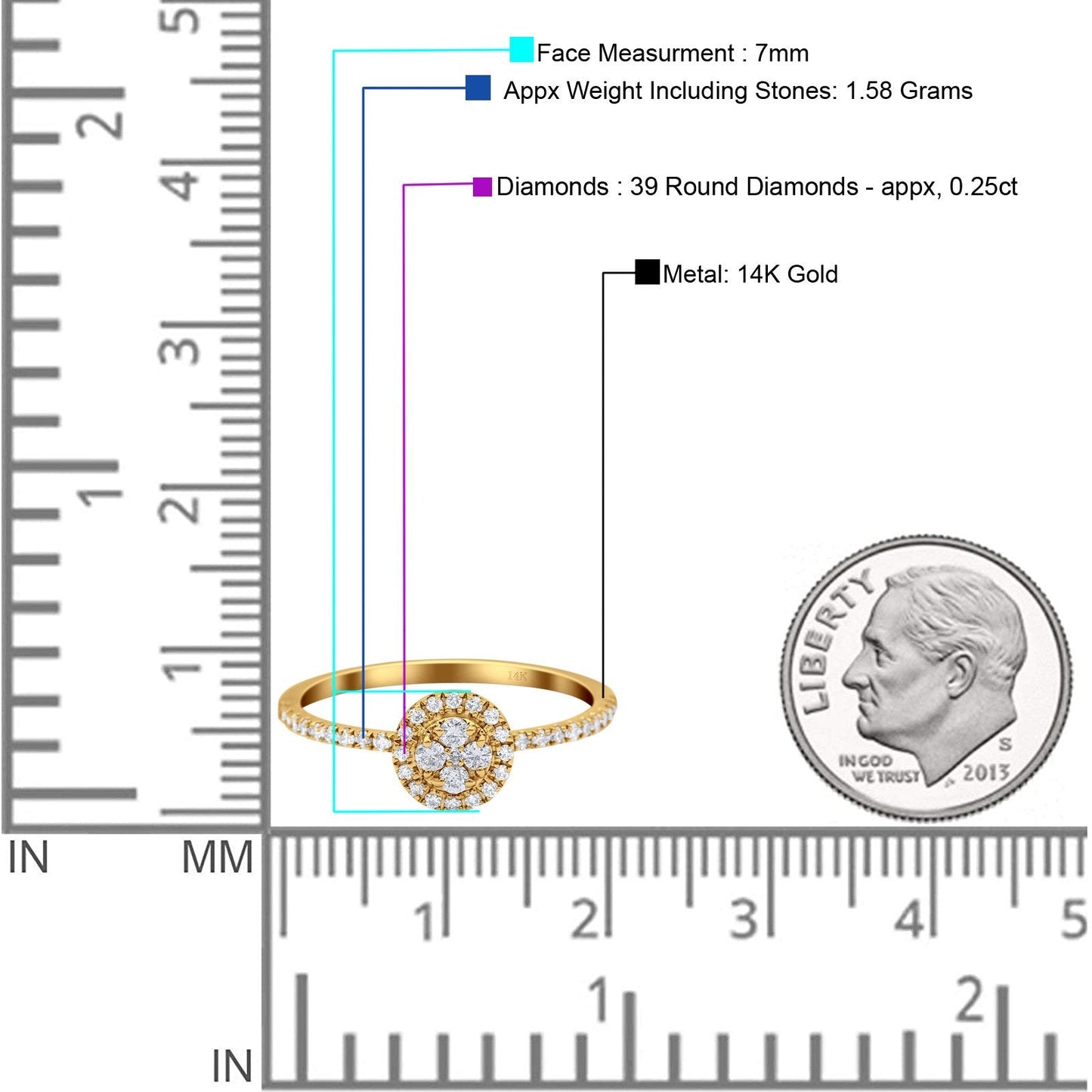 14K Yellow Gold 0.25ct Round 7mm G SI Diamond Solitaire Engagement Wedding Ring Size 6.5