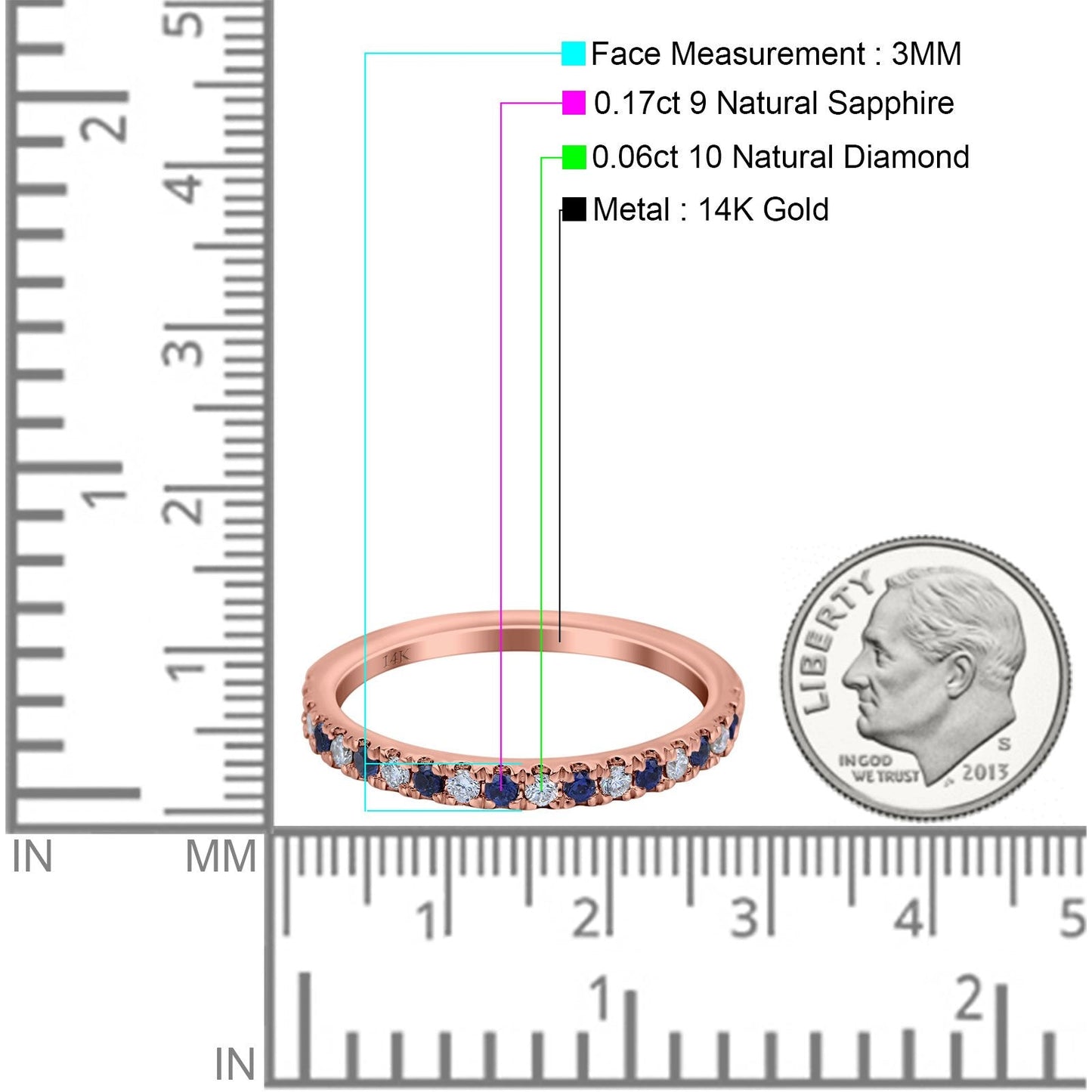 14K Rose Gold 0.23ct Round 3mm Pave Natural Blue Sapphire G SI Half Eternity Diamond Bands Engagement Wedding Ring Size 6.5