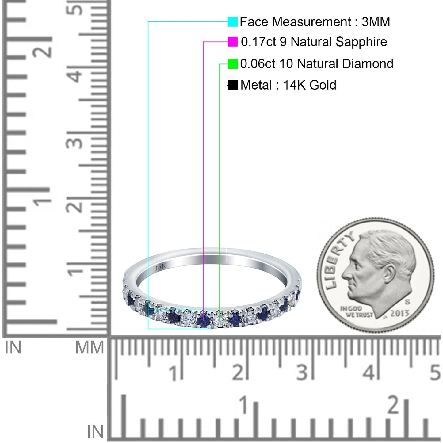 14K White Gold 0.23ct Round 3mm Pave Natural Blue Sapphire G SI Half Eternity Diamond Bands Engagement Wedding Ring Size 6.5