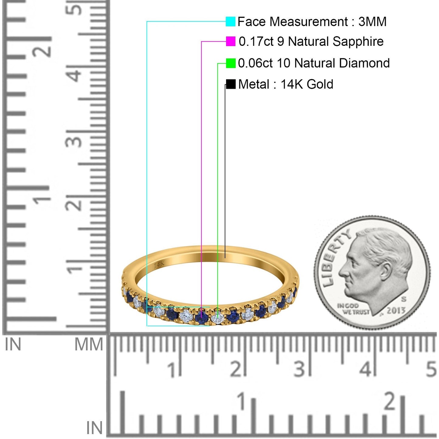 14K Yellow Gold 0.23ct Round 3mm Pave Natural Blue Sapphire G SI Half Eternity Diamond Bands Engagement Wedding Ring Size 6.5