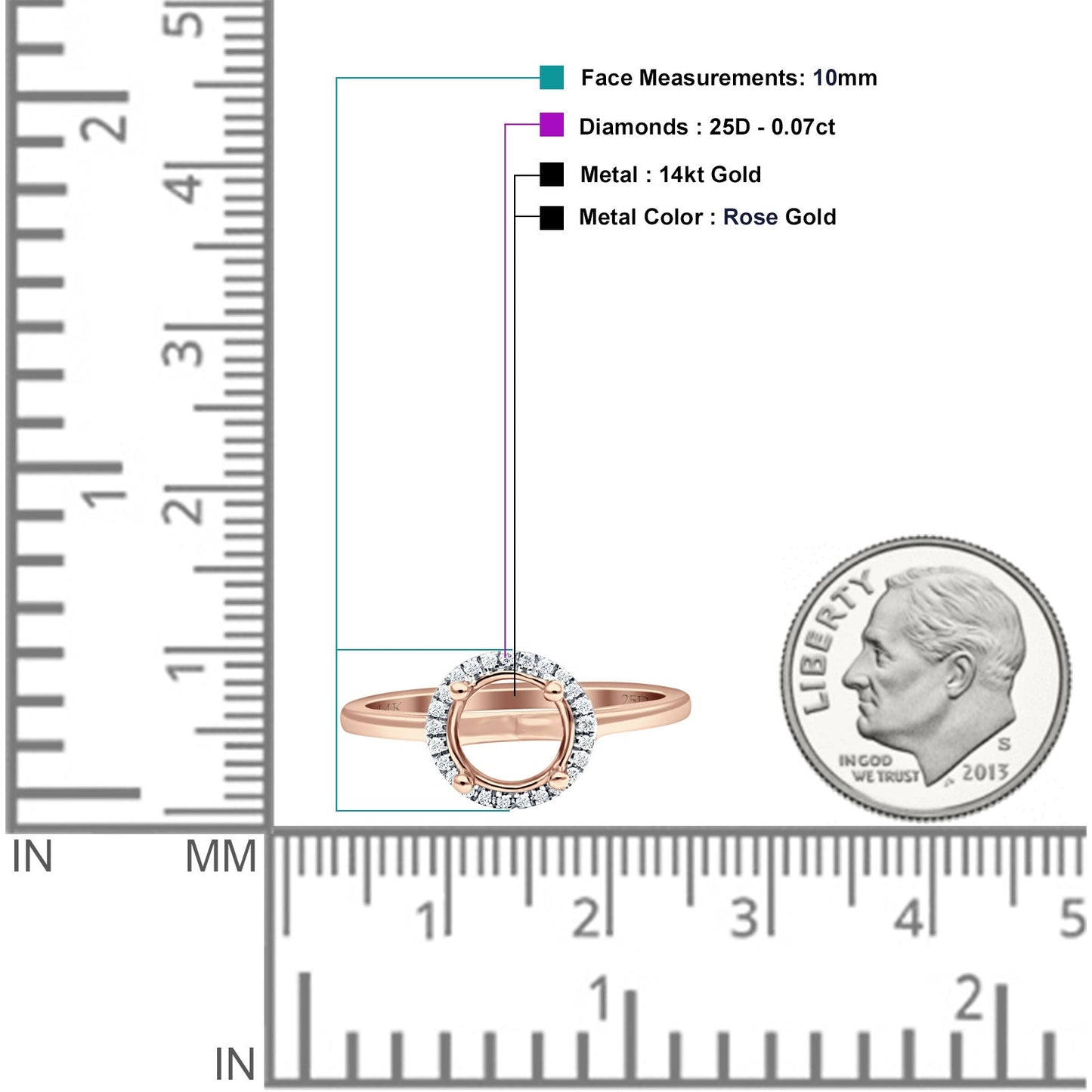 14K Rose Gold 0.07ct Halo Round 10mm G SI Semi Mount Diamond Engagement Wedding Ring - Wholesale