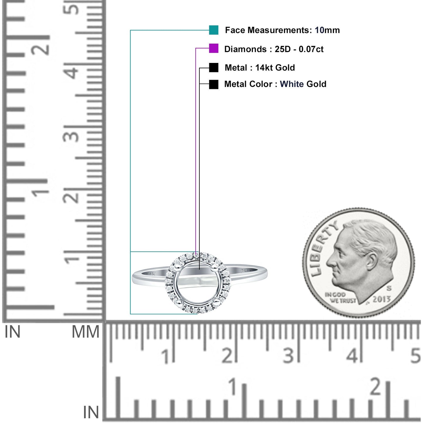 14K White Gold 0.07ct Halo Round 10mm G SI Semi Mount Diamond Engagement Wedding Ring - Wholesale