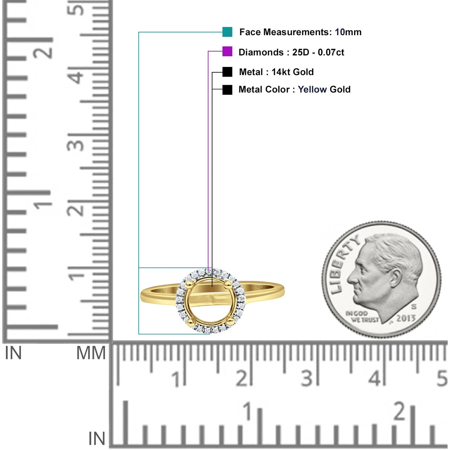 14K Yellow Gold 0.07ct Halo Round 10mm G SI Semi Mount Diamond Engagement Wedding Ring - Wholesale