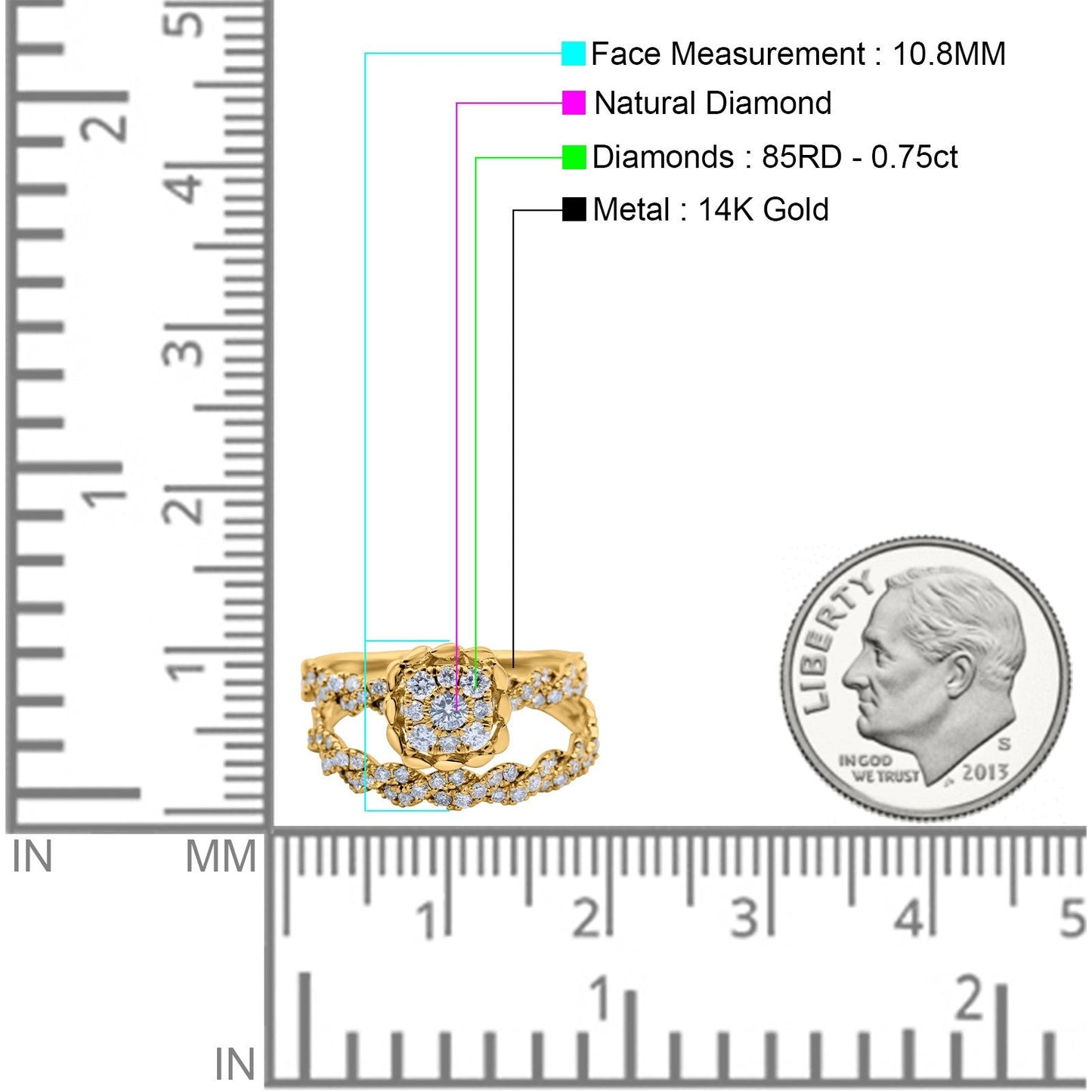 14K Yellow Gold 0.75ct Round 10.8mm G SI Diamond Engagement Bridal Set Wedding Ring Size 6.5