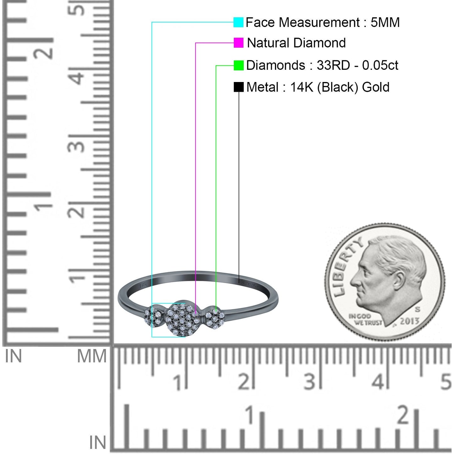 14K Black Gold Round G SI 0.05ct Diamond Eternity Ring 5mm Wedding Band Size 6.5