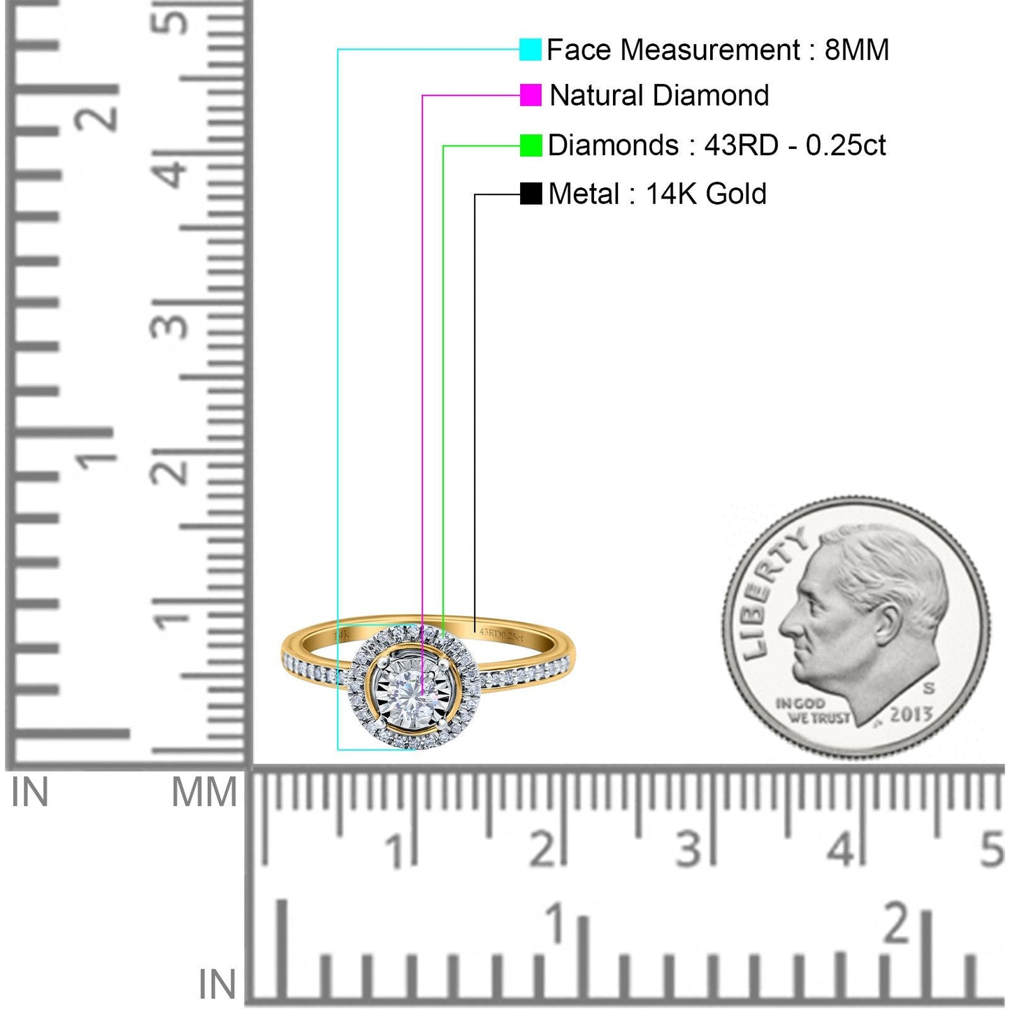 14K Yellow Gold 0.25ct Round 8mm F SI Diamond Engagement Wedding Ring Size 6.5