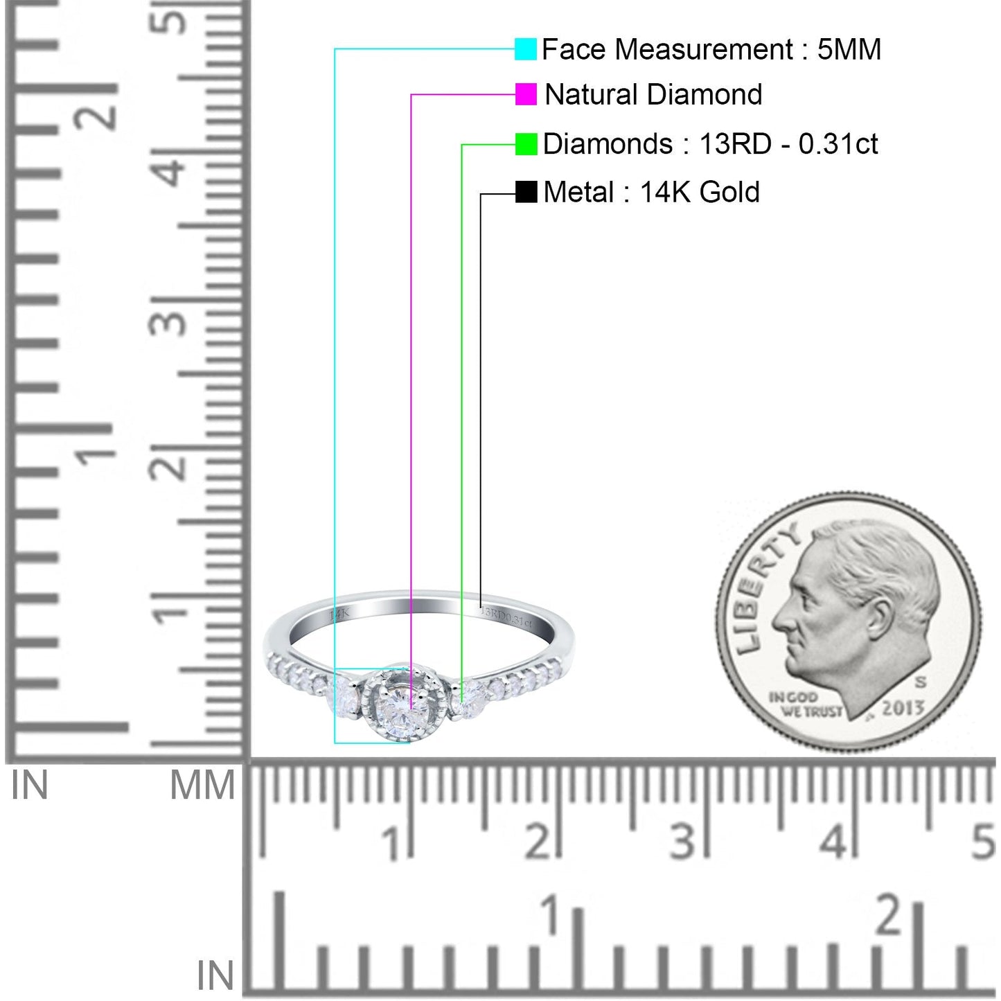 14K White Gold 0.31ct Three Stone Vintage Round 5mm G SI Diamond Engagement Band Wedding Ring Size 6.5