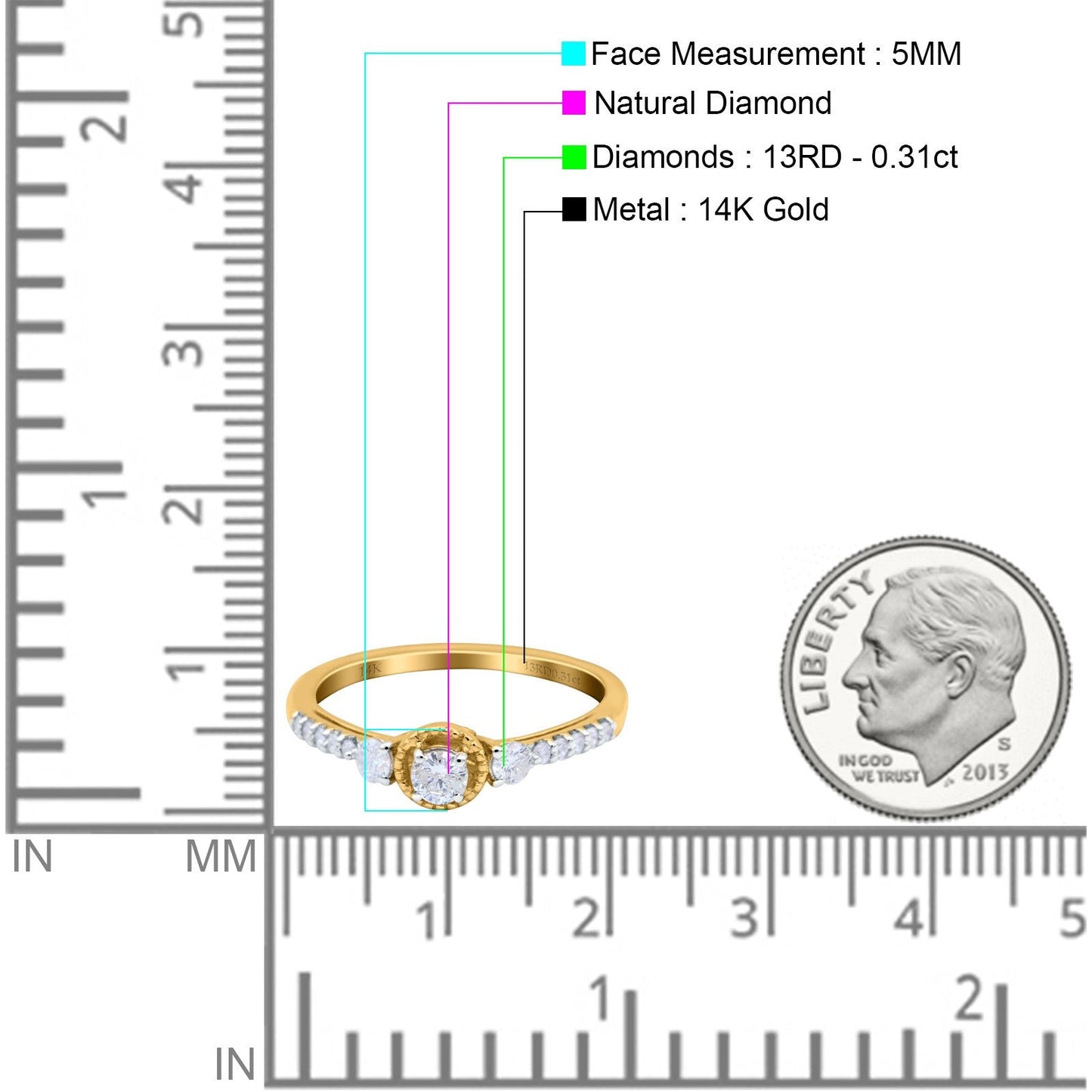 14K Yellow Gold 0.31ct Three Stone Vintage Round 5mm G SI Diamond Engagement Band Wedding Ring Size 6.5