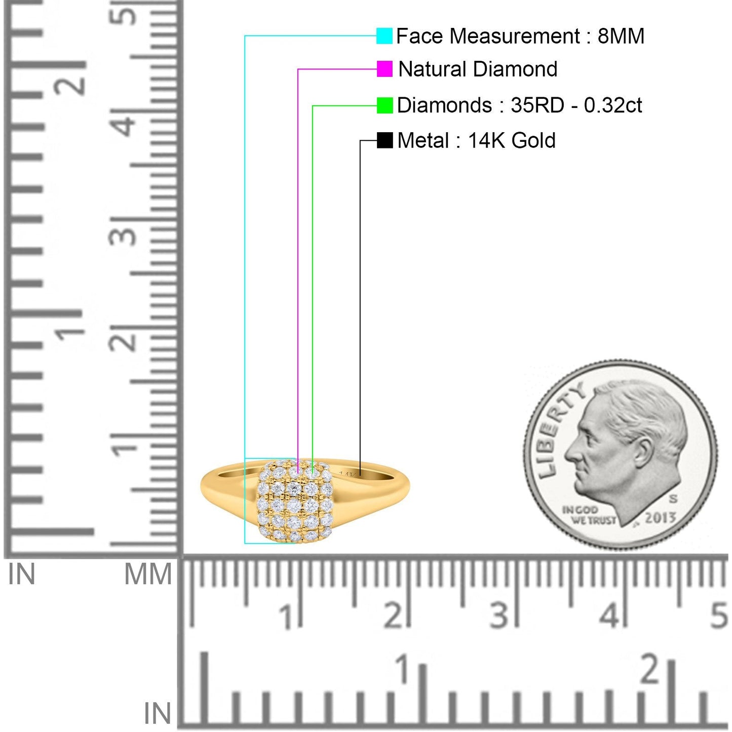 14K Yellow Gold 0.32ct Square Cluster Art Deco 8mm G SI Diamond Engagement Band Wedding Ring Size 6.5