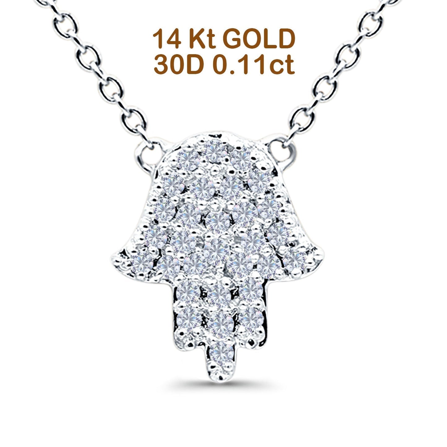 14K White Gold 0.11ct Round Shape Diamond Pendant Trendy Hand Of Hamsa Chain Necklace 18" Long