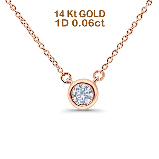 14K Rose Gold 0.06ct Round Shape Diamond Bezel Solitaire Pendant Chain Necklace 18" Long