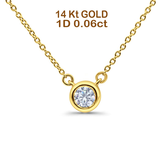 14K Yellow Gold 0.06ct Round Shape Diamond Bezel Solitaire Pendant Chain Necklace 18" Long