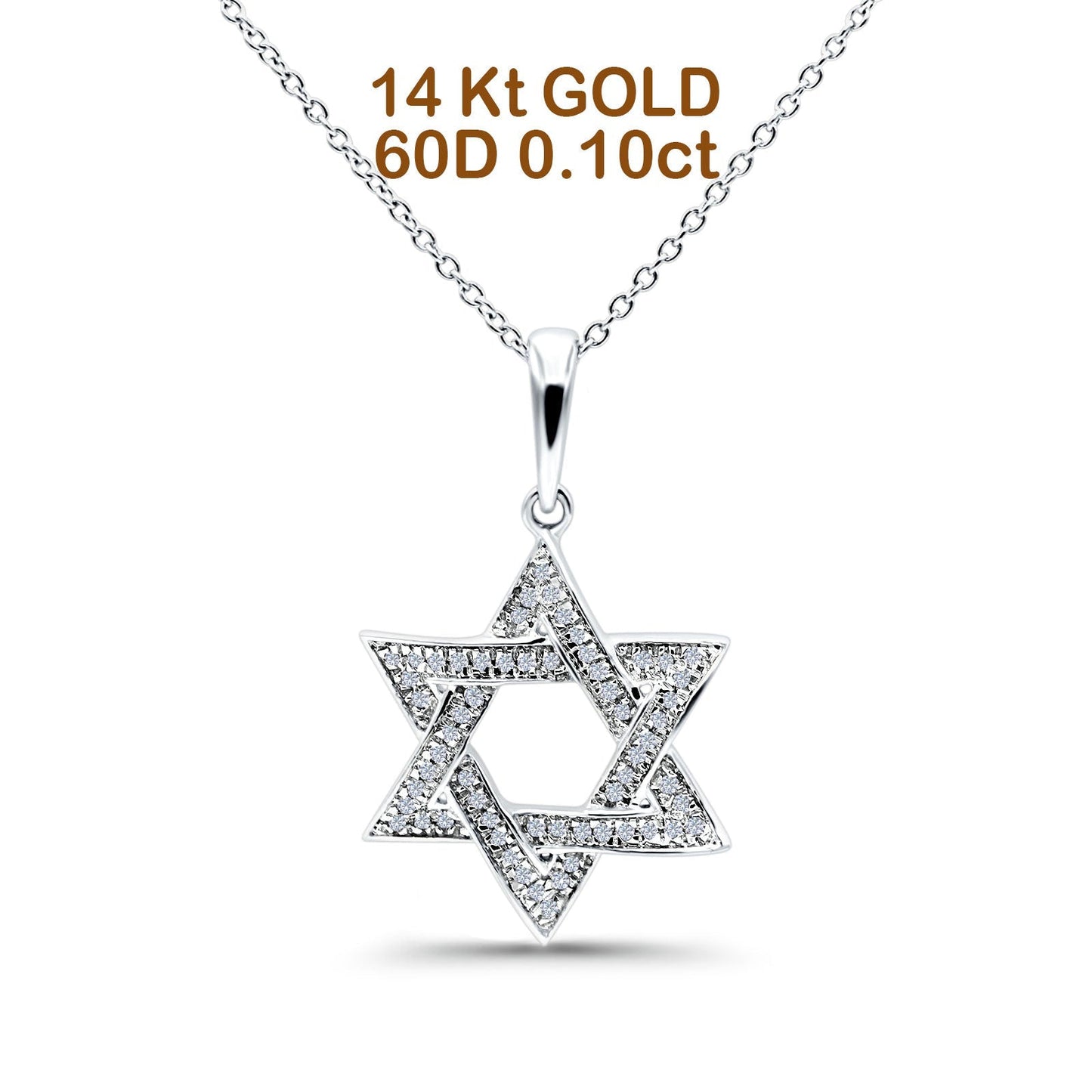 14K White Gold 0.10ct Round Shape Jewish Star Of David Diamond Pendant Chain Necklace 18" Long