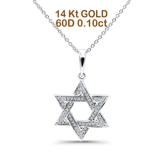 14K White Gold 0.10ct Round Shape Jewish Star Of David Diamond Pendant Chain Necklace 18" Long