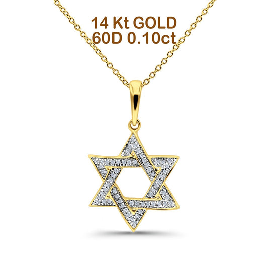 14K Yellow Gold 0.10ct Round Shape Jewish Star Of David Diamond Pendant Chain Necklace 18" Long