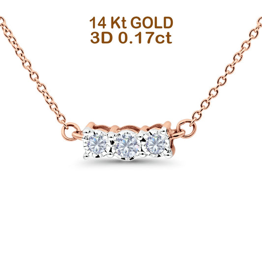 14K Rose Gold 0.17ct Diamond Three Stone Chain Necklace 18 Inch Long