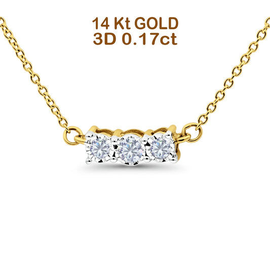 14K Yellow Gold 0.17ct Round Shape Diamond Three Stone Pendant Chain Necklace 18" Long