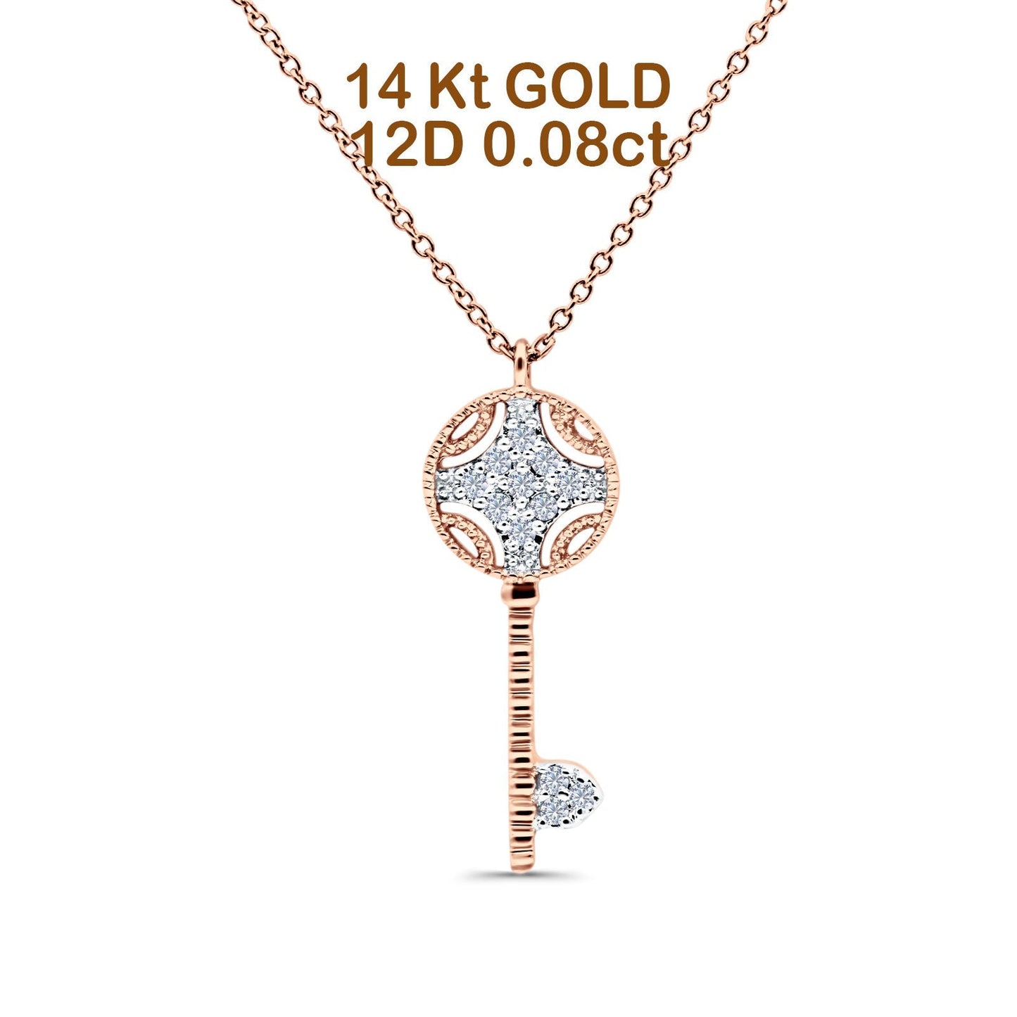 14K Rose Gold 0.08ct Round Shape Diamond Key Pendant Chain Necklace 18" Long