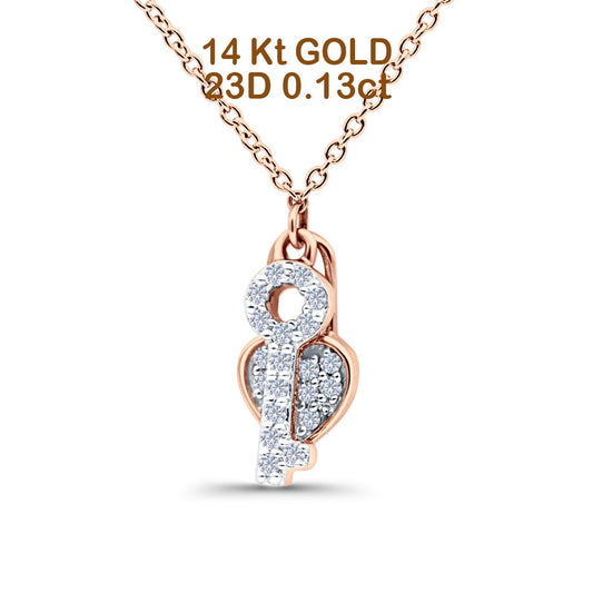 14K Rose Gold 0.13ct Round Shape Diamond Key To My Heart Pendant Chain Necklace 18" Long