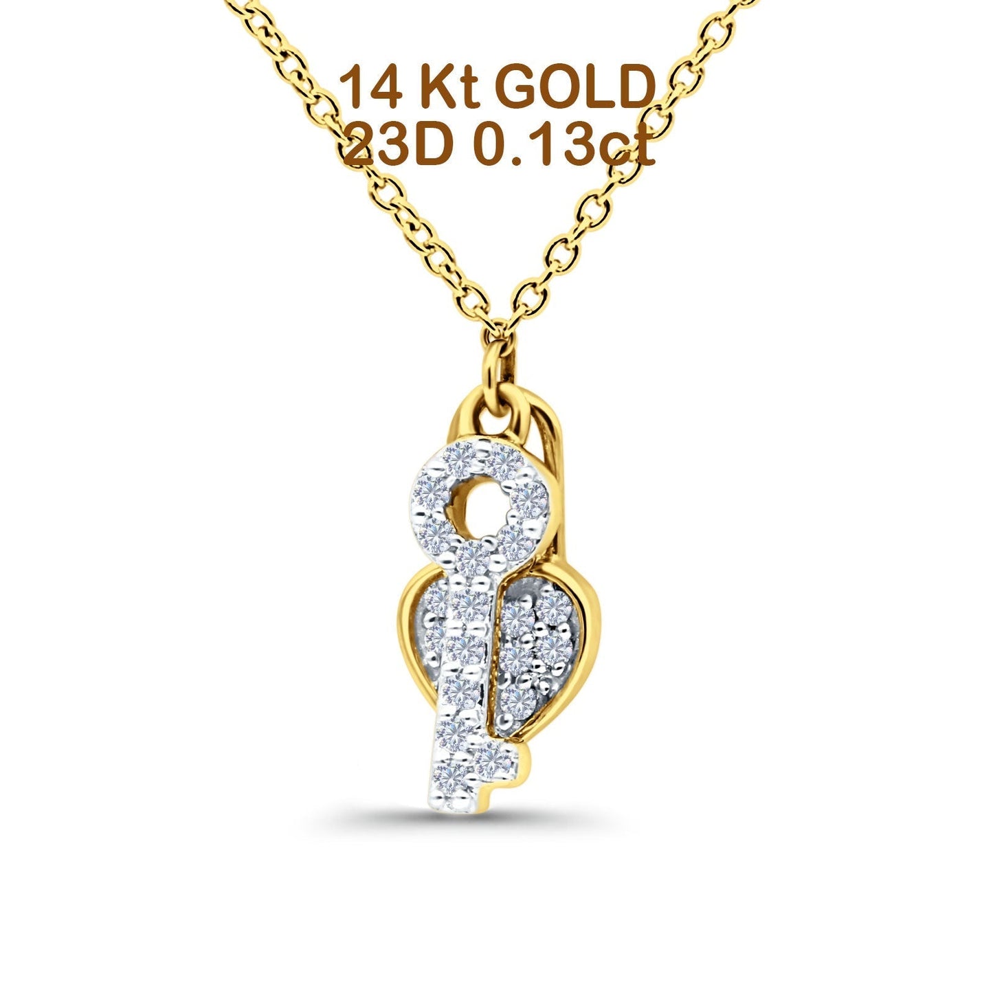 14K Yellow Gold 0.13ct Round Shape Diamond Key To My Heart Pendant Chain Necklace 18" Long