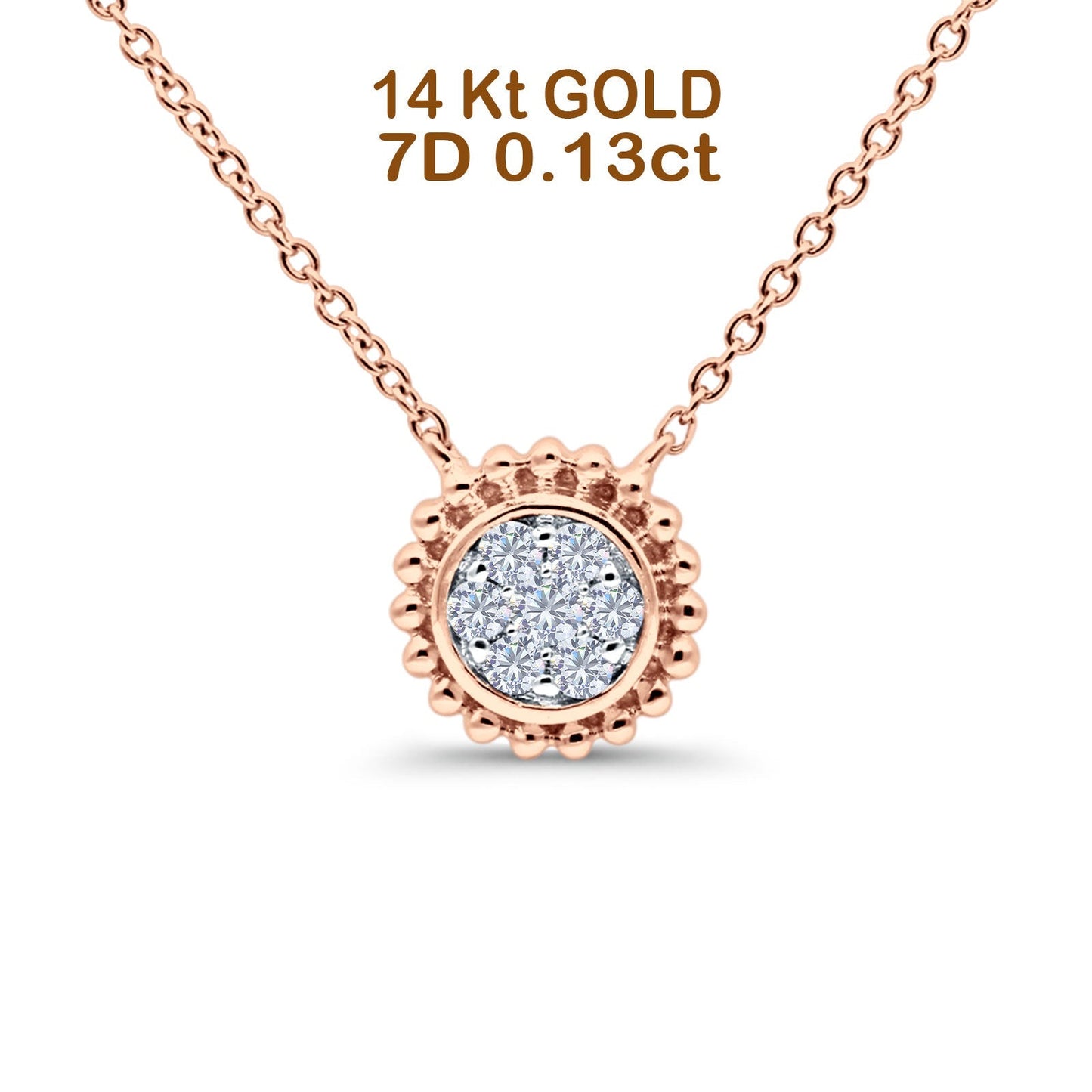 14K Rose Gold 0.13ct Round Shape Diamond Solitaire Pendant Chain Necklace 18" Long