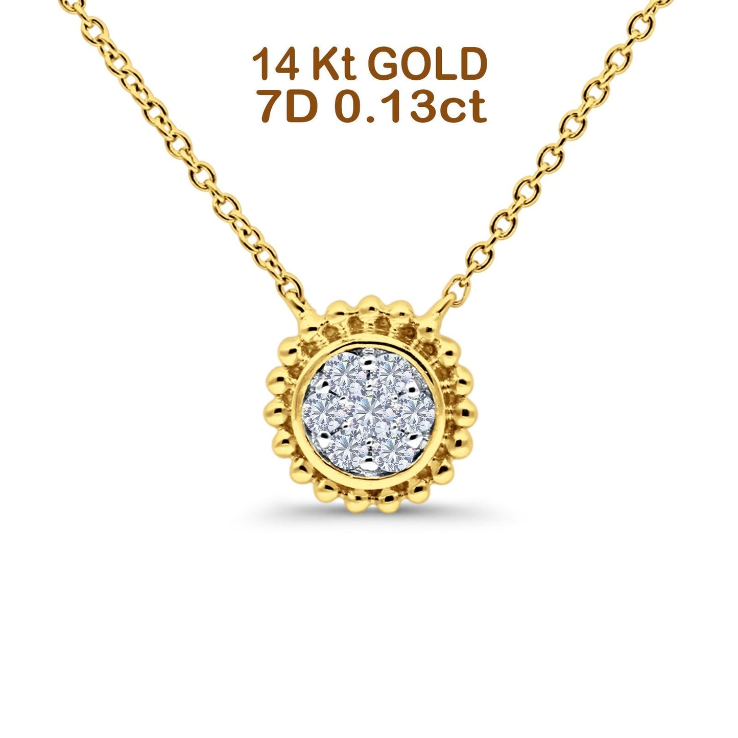 14K Yellow Gold 0.13ct Round Shape Diamond Solitaire Pendant Chain Necklace 18" Long