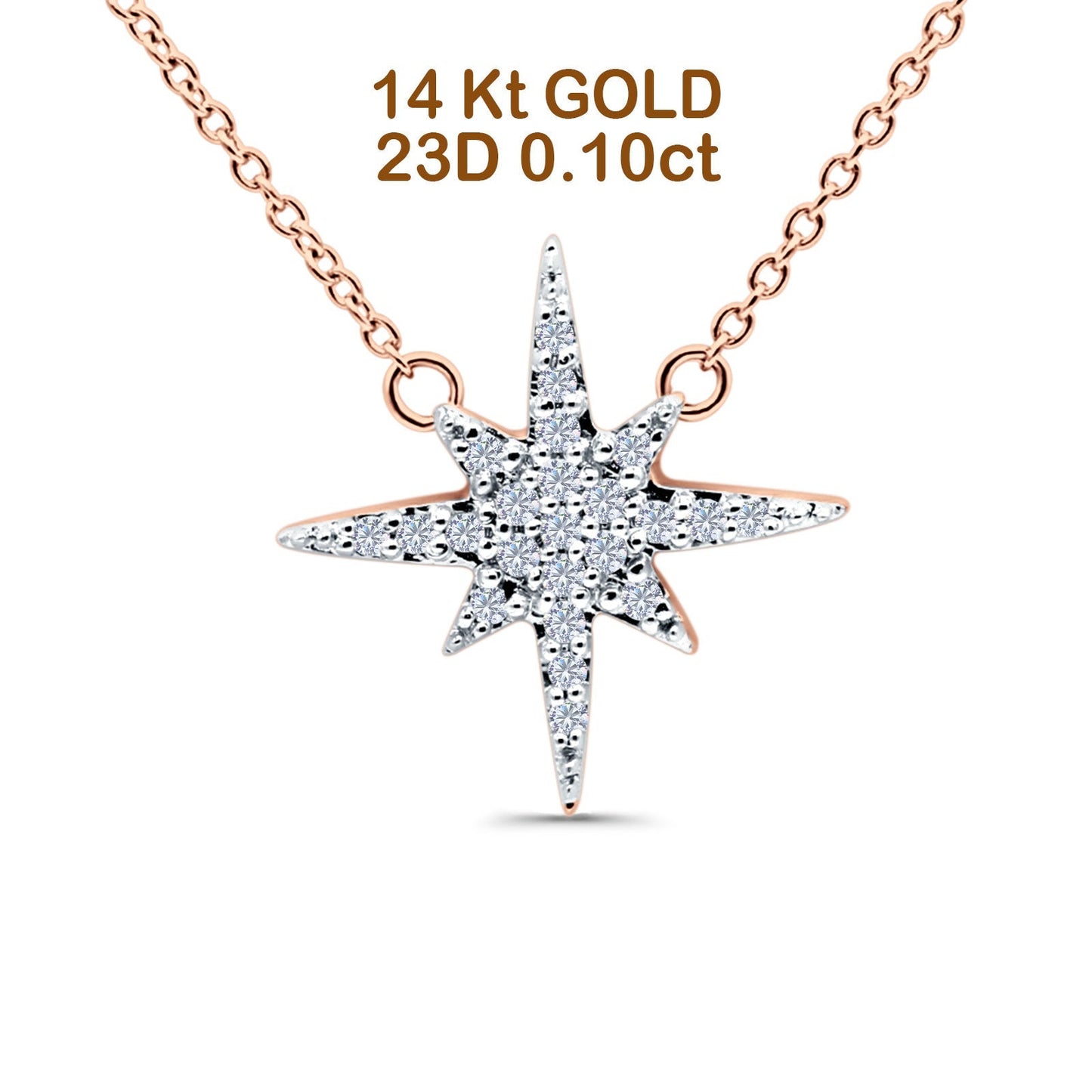 14K Rose Gold 0.10ct Round Shape Diamond Starburst Pendant Chain Necklace 18" Long