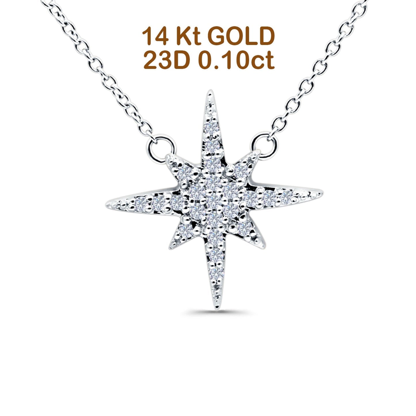 14K White Gold 0.10ct Round Shape Diamond Starburst Pendant Chain Necklace 18" Long