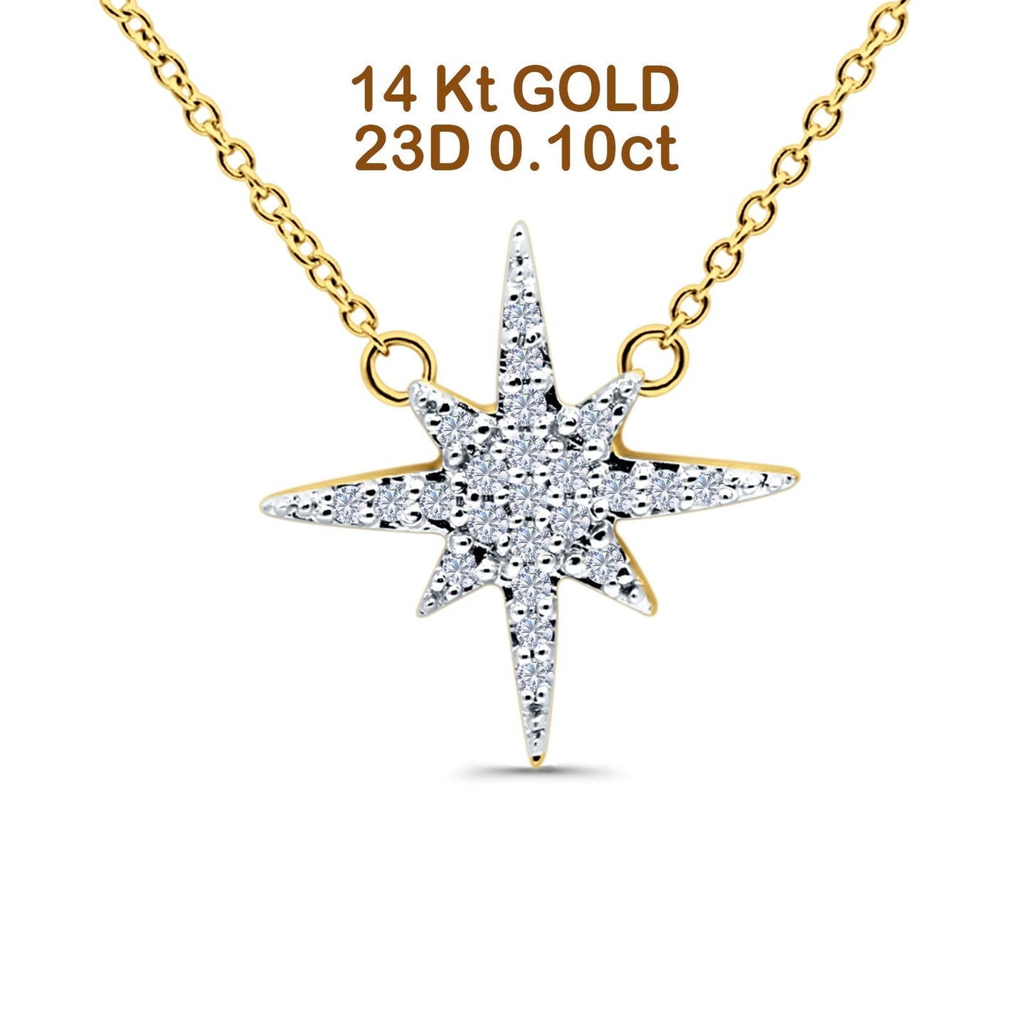 14K Yellow Gold 0.10ct Round Shape Diamond Starburst Pendant Chain Necklace 18" Long