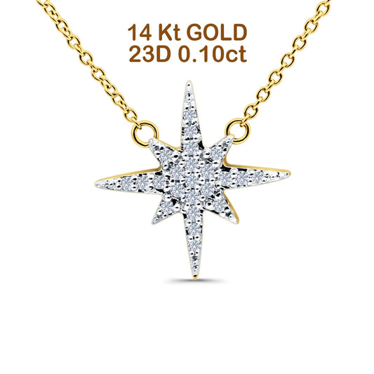 14K Yellow Gold 0.10ct Round Shape Diamond Starburst Pendant Chain Necklace 18" Long